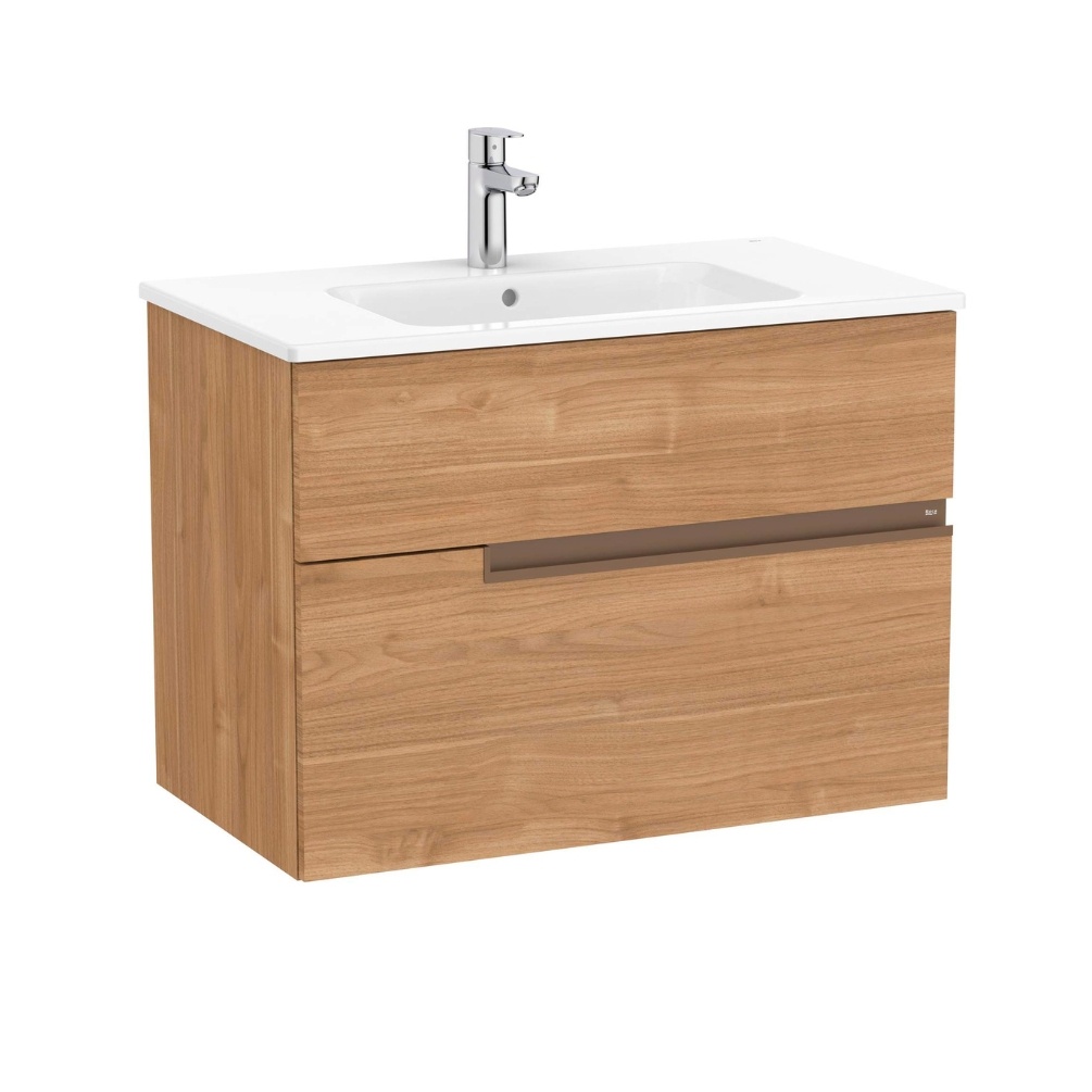 Product cut out image of the Roca Victoria-N Unik Walnut 800mm Wall Hung 2 Drawer Vanity Unit & Basin